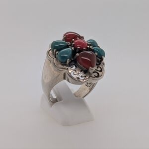 925 Silver Ring with 5mm Coral, 6x4 torques and 7x7 Carnelians stones.